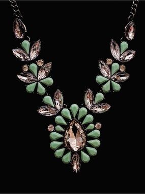 Pastel Mint Green + Clear Crystal Floral Cluster Bib Statement Necklace